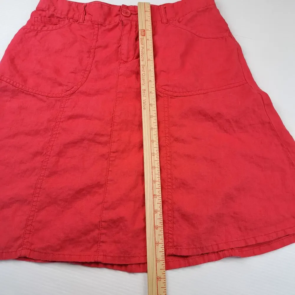 United Colors Of Benetton Skirt Womens 42 Small Red 100% Linen A Line Pockets